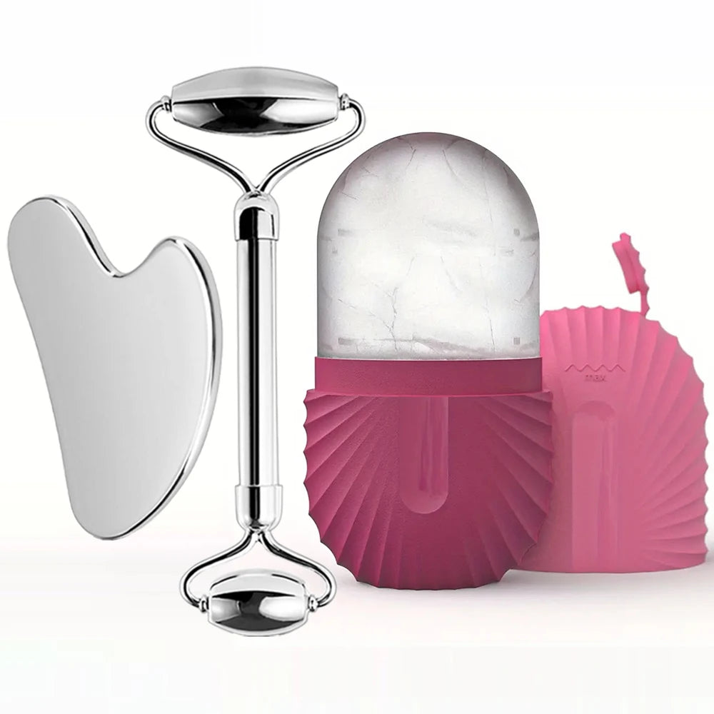 Ensemble de rouleaux de glace pour soins de la peau du visage, rouleau Facial en acier inoxydable Gua Sha, outil pour le visage, rouleau de Massage du visage, Cube de moule