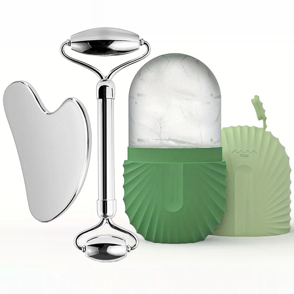 Ensemble de rouleaux de glace pour soins de la peau du visage, rouleau Facial en acier inoxydable Gua Sha, outil pour le visage, rouleau de Massage du visage, Cube de moule