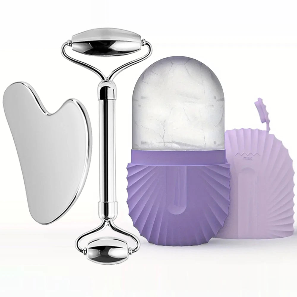 Ensemble de rouleaux de glace pour soins de la peau du visage, rouleau Facial en acier inoxydable Gua Sha, outil pour le visage, rouleau de Massage du visage, Cube de moule