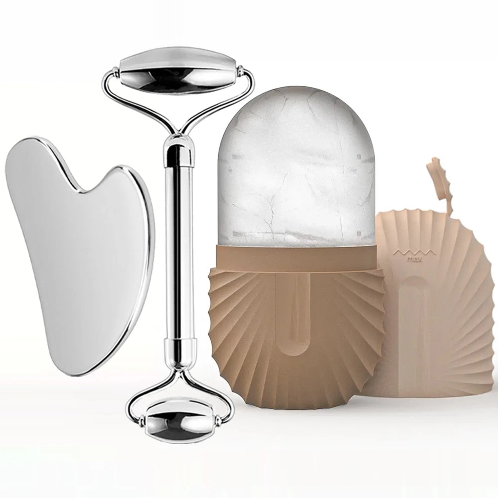 Ensemble de rouleaux de glace pour soins de la peau du visage, rouleau Facial en acier inoxydable Gua Sha, outil pour le visage, rouleau de Massage du visage, Cube de moule