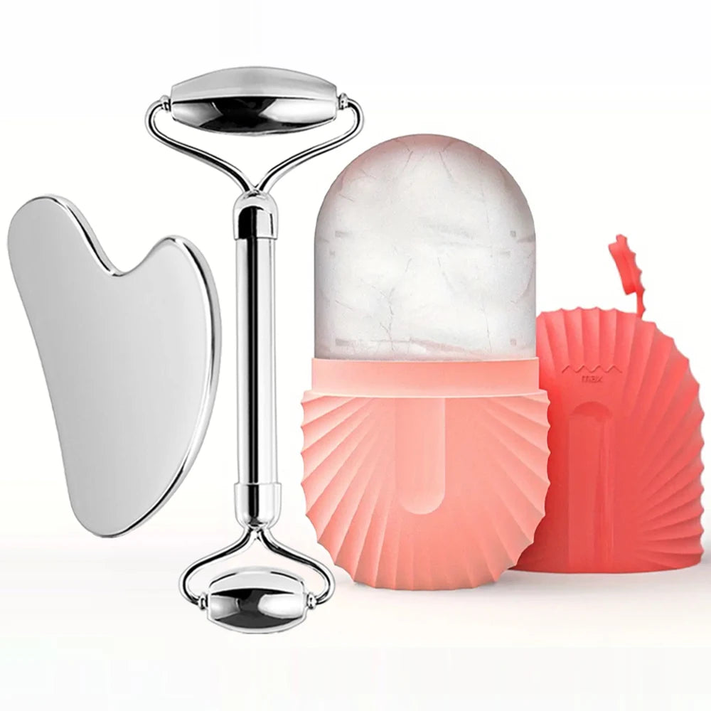 Ensemble de rouleaux de glace pour soins de la peau du visage, rouleau Facial en acier inoxydable Gua Sha, outil pour le visage, rouleau de Massage du visage, Cube de moule