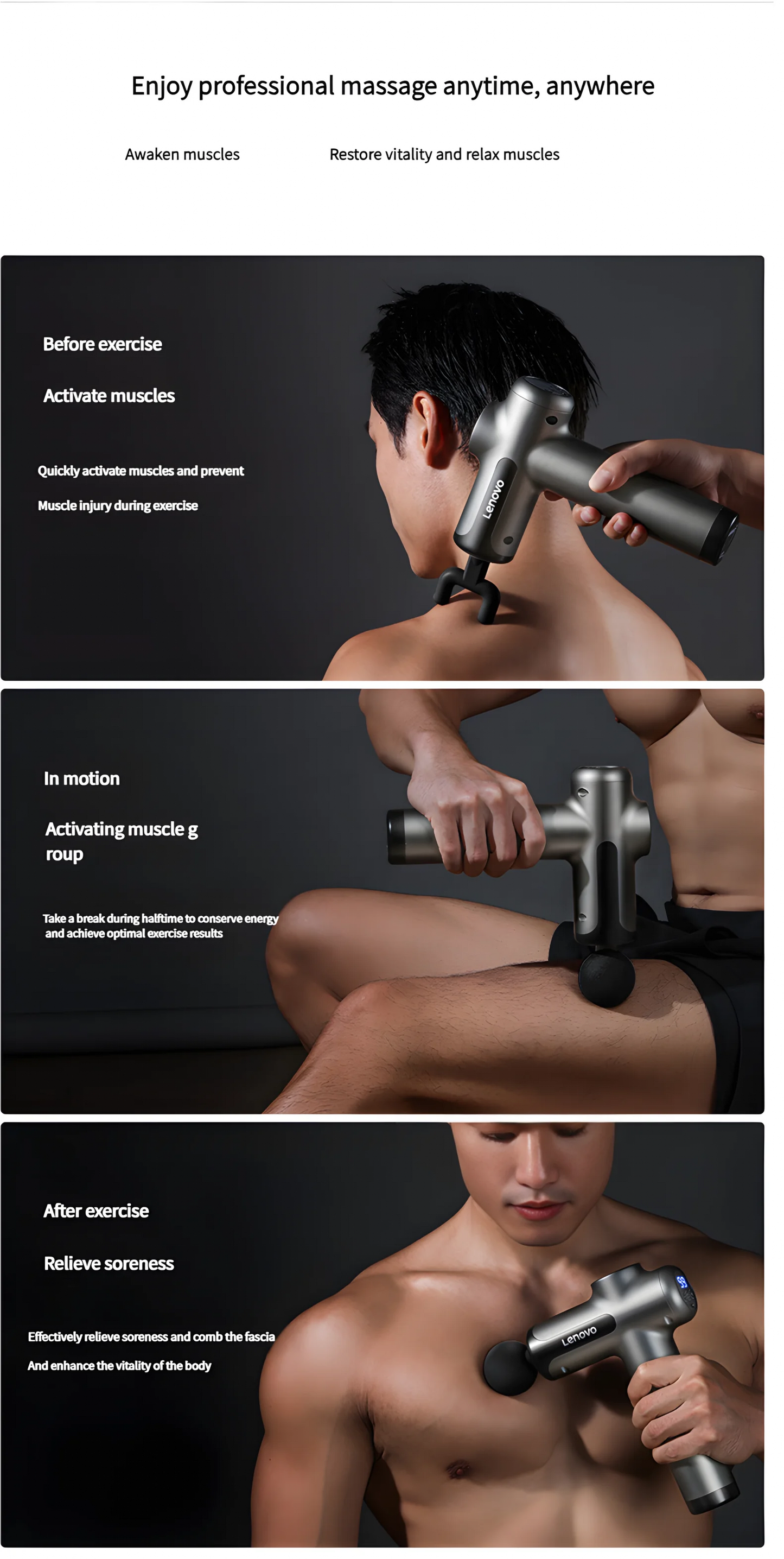 Lenovo – pistolet Fascia de marque, soulage en profondeur les douleurs musculaires, équipement de Fitness et de Relaxation, écran tactile LED, 8 têtes de Massage, cadeaux