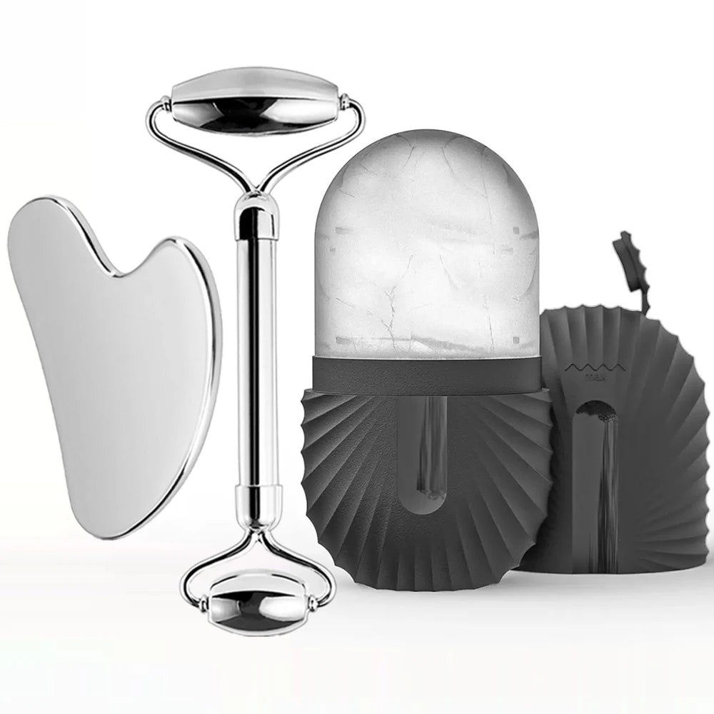 Ensemble de rouleaux de glace pour soins de la peau du visage, rouleau Facial en acier inoxydable Gua Sha, outil pour le visage, rouleau de Massage du visage, Cube de moule