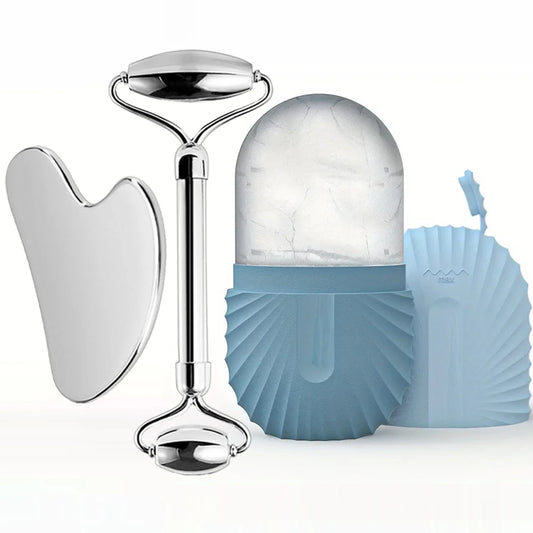 Ensemble de rouleaux de glace pour soins de la peau du visage, rouleau Facial en acier inoxydable Gua Sha, outil pour le visage, rouleau de Massage du visage, Cube de moule