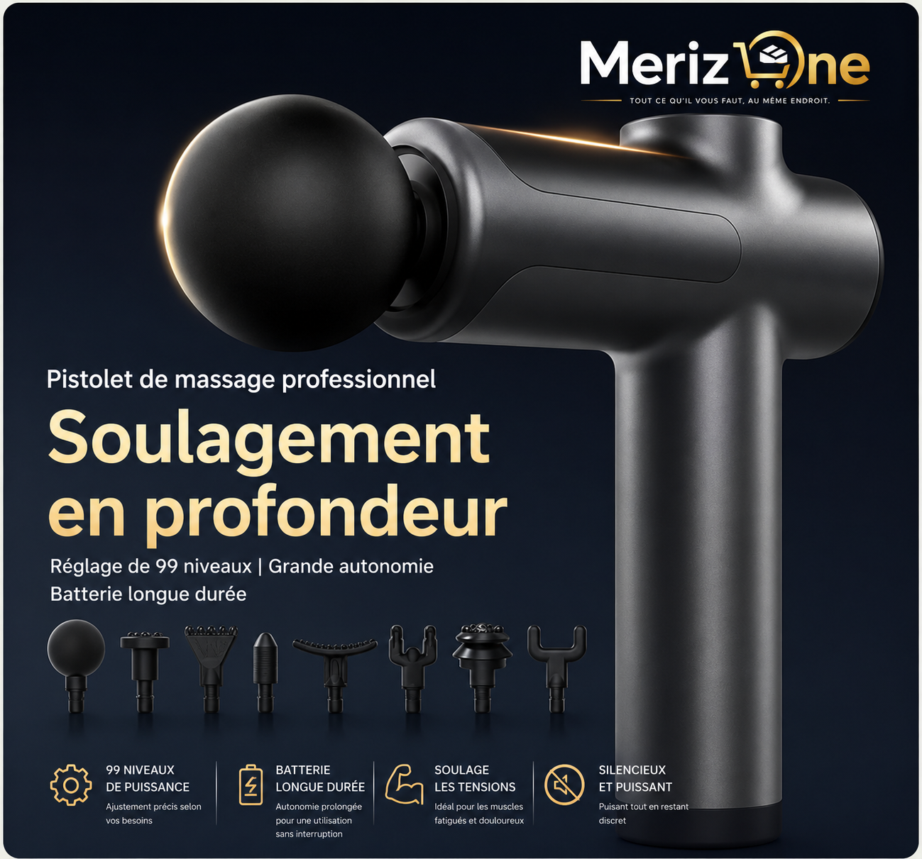 Pistolet de Massage, de Récupération, Détente Musculaire Profonde: soulage en profondeur les douleurs musculaires. Equipement de Fitness et de Relaxation.